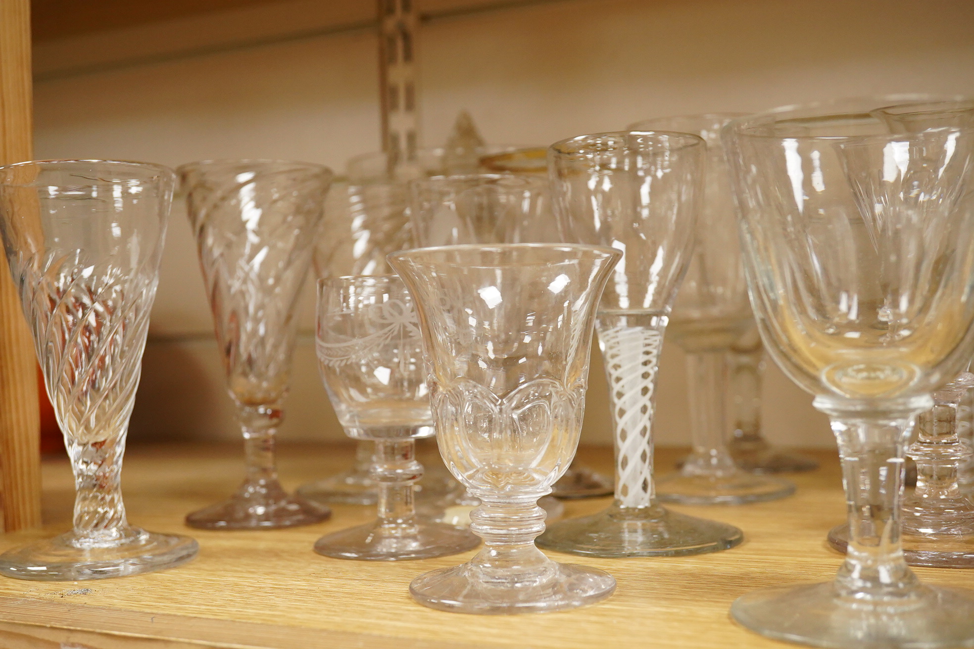 Eighteen various Georgian and later wine glasses, and a Bristol Music Festival goblet, latter 16cm